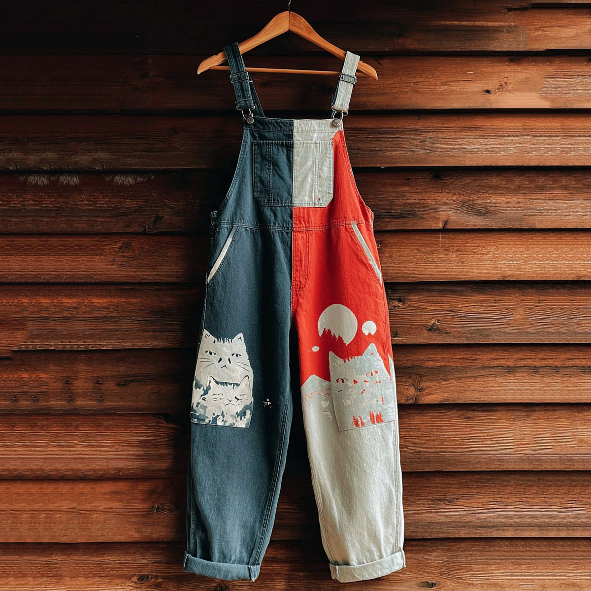 Comstylish Women's Cute Cat On Mount Fuji Colorblock Denim Jumpsuit