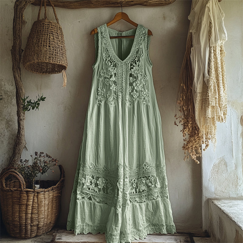 Vintage Floral Hollow Lace Patchwork Linen Maxi Dress artswardrobe