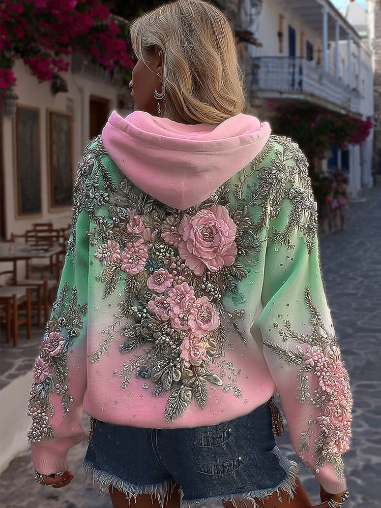 Women's Classic Rose Embroidery Art Comfy Hoodie artswardrobe