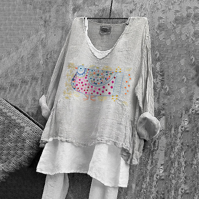Women's Ethnic Flower And Bird Art Pattern Cotton And Linen Shirt artswardrobe