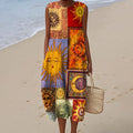 Litha Midsummer Sun Boho Patchwork Flowy Linen Midi Dress artswardrobe