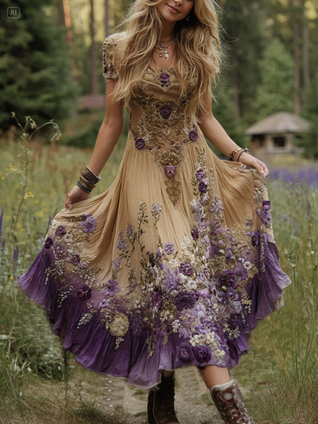 Classy Gradient Purple Lavender And Floral Embroidered Linen Maxi Dress artswardrobe