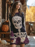 Comstylish Halloween Skull & Floral Embroidered Art Women's Knit Mini Dress
