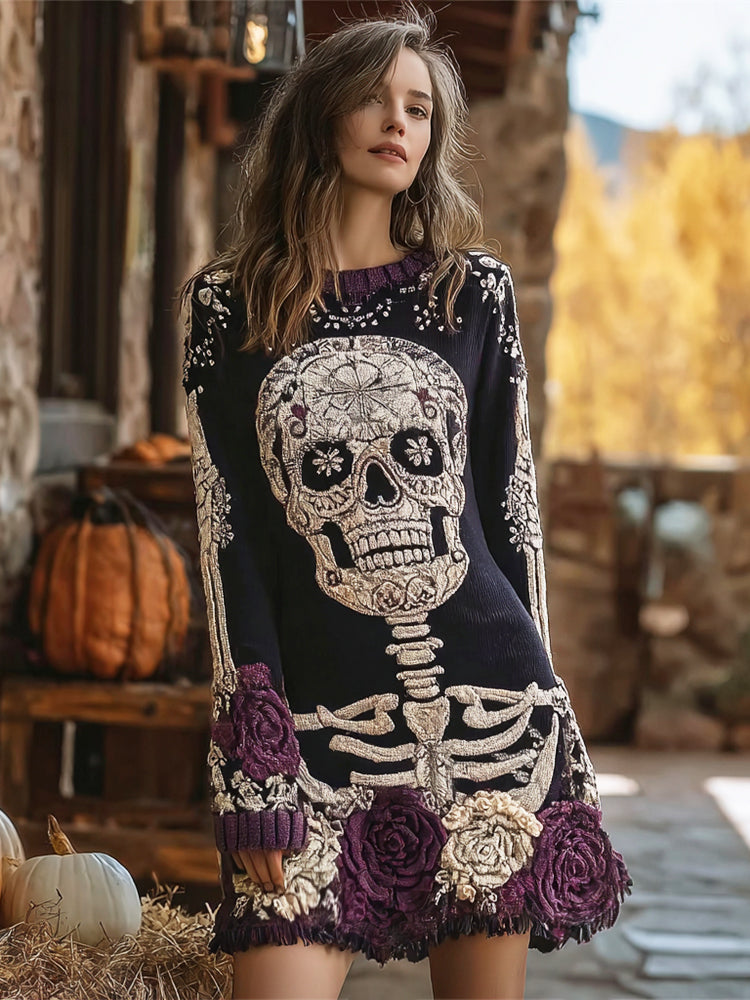 Comstylish Halloween Skull & Floral Embroidered Art Women's Knit Mini Dress