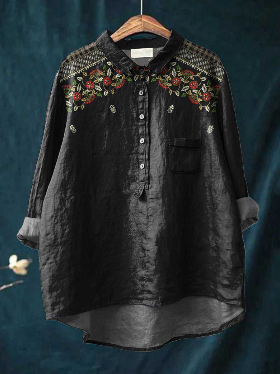 Plaid and Floral Botanical Decorative Pattern Casual Cotton And Linen Shirt