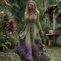 Vintage Purple Gilded Rose Embroidery Sleeveless V-neck Dress artswardrobe