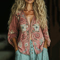 Comstylish Bohemian Linen Floral Print Long Sleeve Shirt