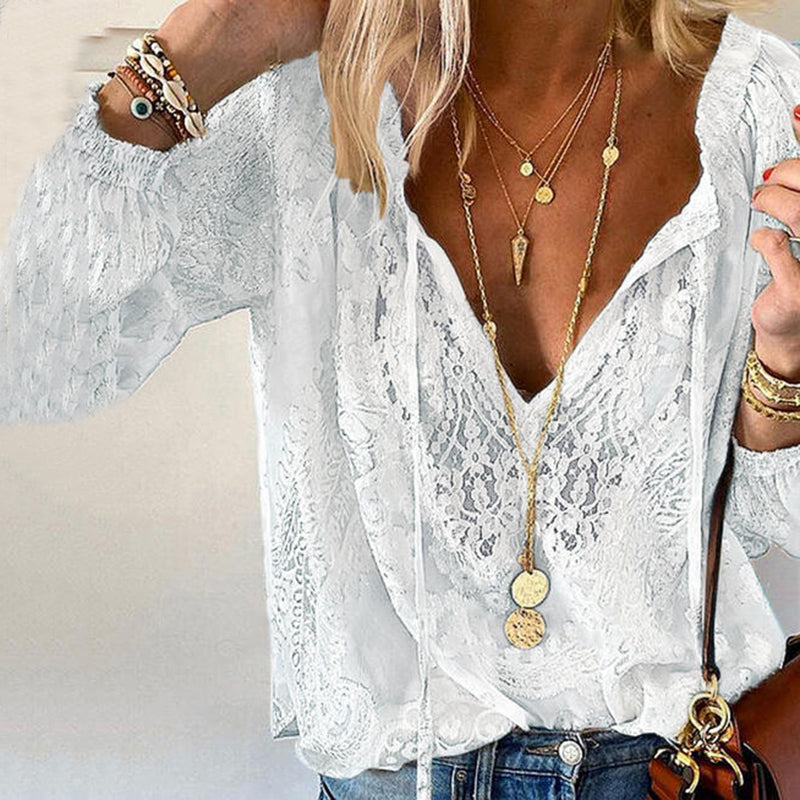 Comstylish Boho Lace Hollow Out V Neck Long Sleeve Top