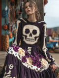 Comstylish Halloween Skull & Floral Art Women's Long-sleeve Maxi Dress