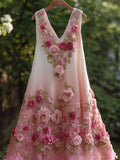 Vintage Pink Rose Embroidered Gradient Linen Midi Dress artswardrobe