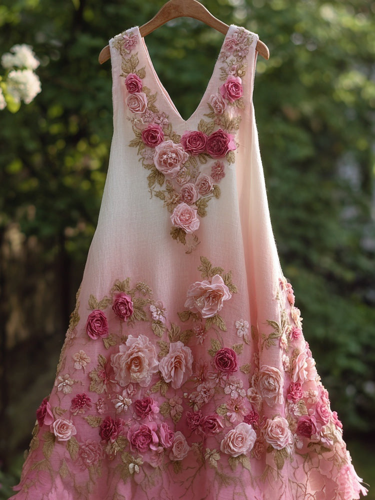 Vintage Pink Rose Embroidered Gradient Linen Midi Dress artswardrobe
