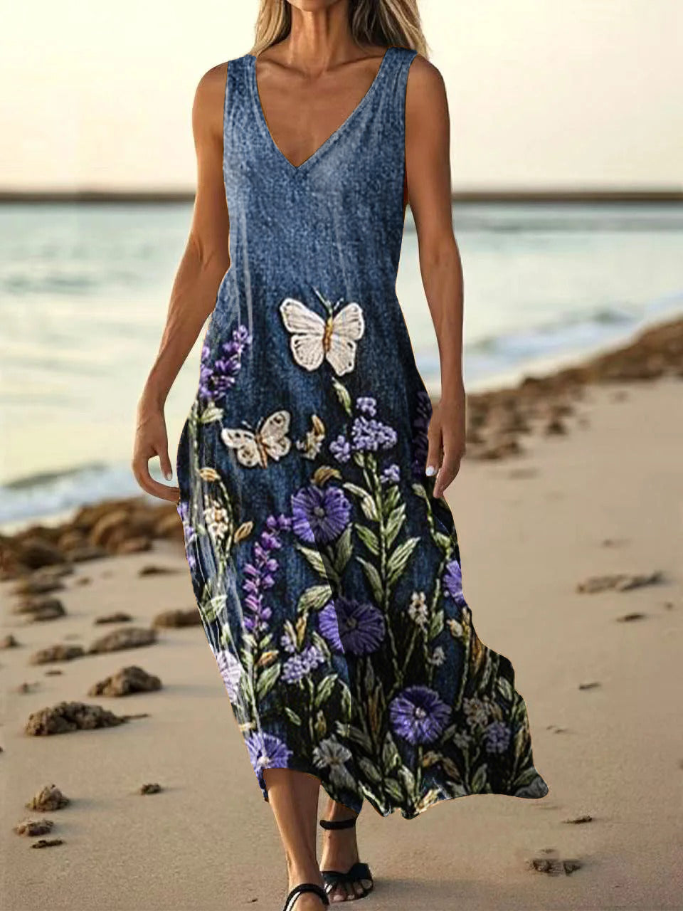 Women's Bohemian Floral Butterfly Art Print Pocket Cotton Dress