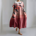 Comstylish Retro Flying Bird Landscape Print Japanese Art Cozy Linen Blend Dress