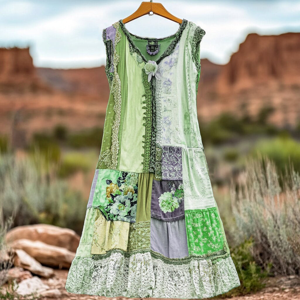 Women's Vintage Floral Lace Patch Comfort Dress artswardrobe