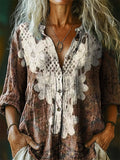 Women's Vintage Lace Floral Art Print Casual Cotton Linen Shirt