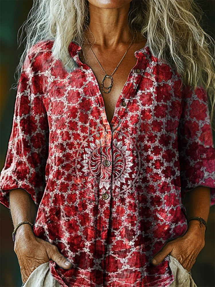 Women's Bohemian Mandala Pattern Art Print Casual Cotton Linen Shirt