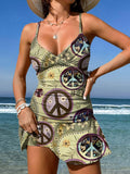 V-Neck Vintage Multicolor Hippie Peace Flower Art Print Suspender Skirt Tankini Pantskirt Set Swimsuit