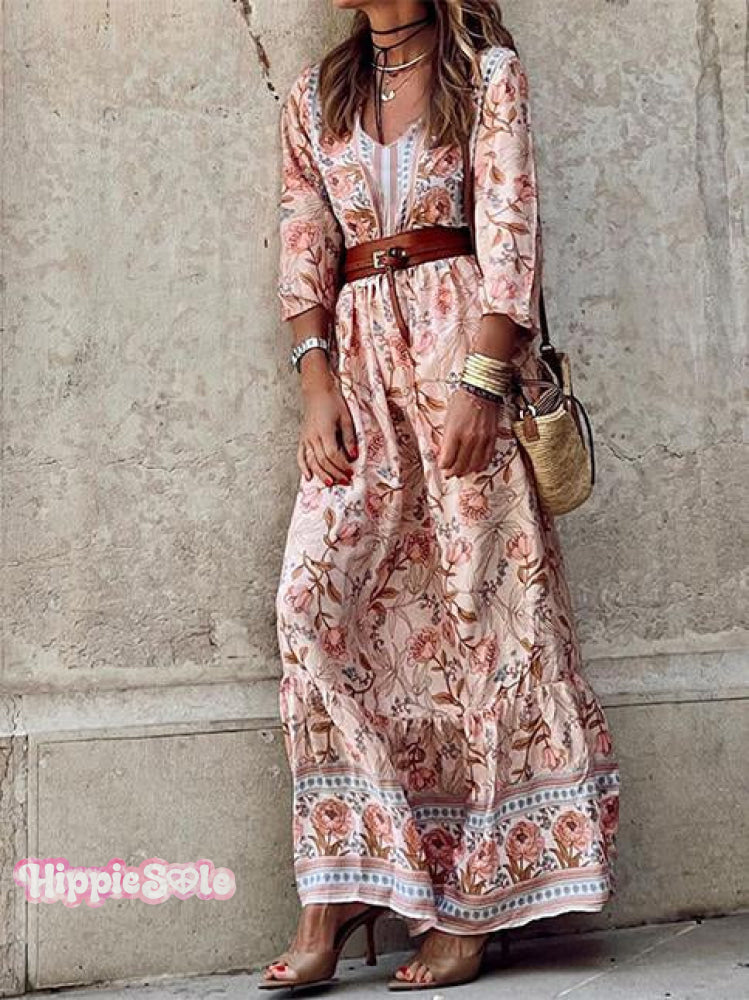 Women's Bohemian Printed Midi V-Neck Dress