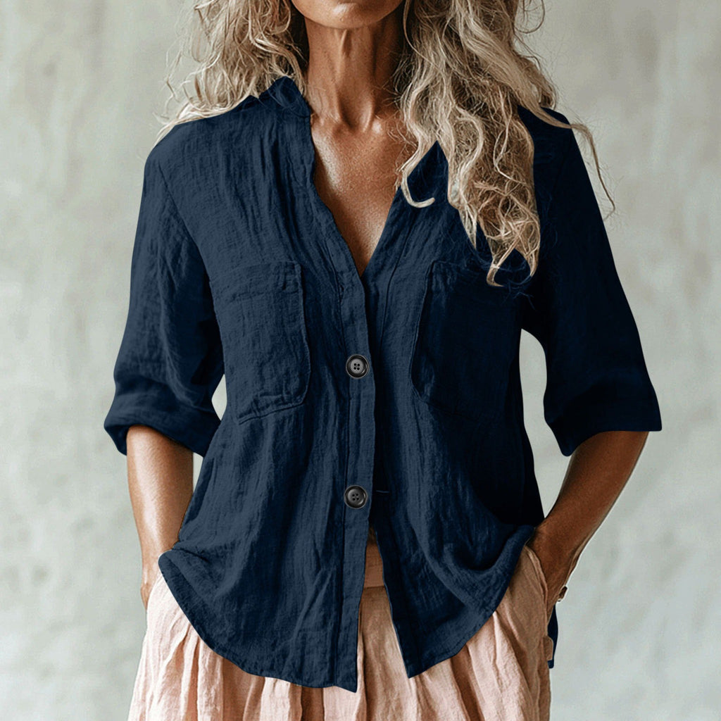 Women's Vintage Solid Color Multiple Pockets Linen Shirt artswardrobe