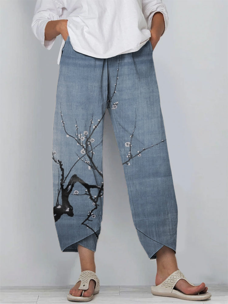 Comstylish Simple Plum Blossom Japanese Art Linen Blend Cropped Pants