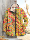 Women's Vintage Striped Art Print Casual Quilted Cardigan