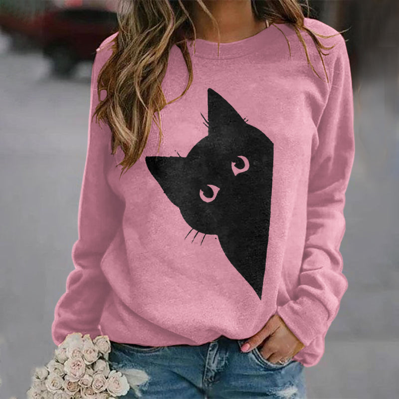 Women's Peek-A-Boo Hiding Black Cat Printed Sweatshirt elevenforest