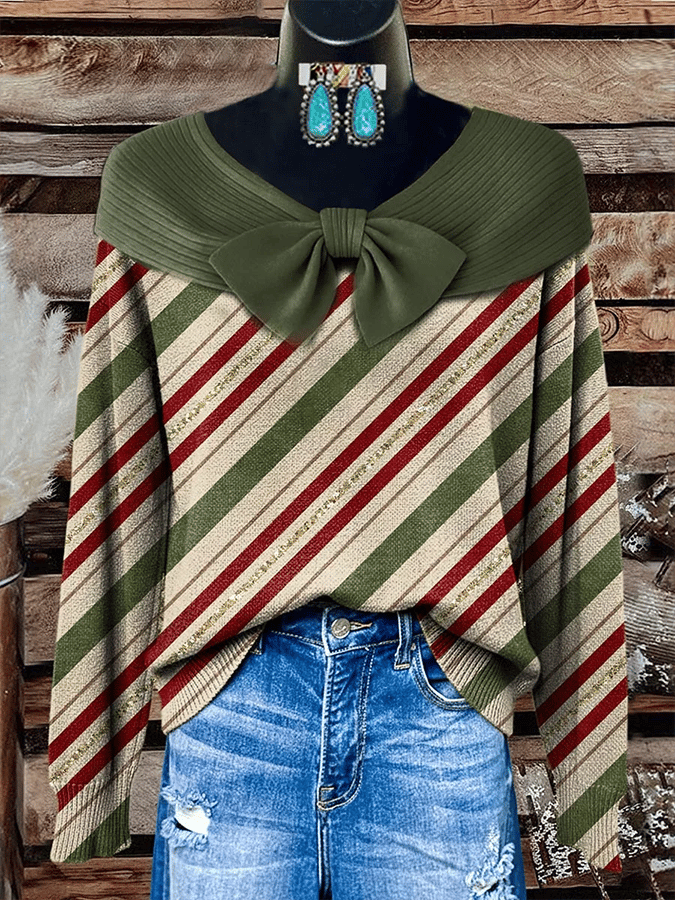 Women'S Casual Contrast Color Bow Sweater 