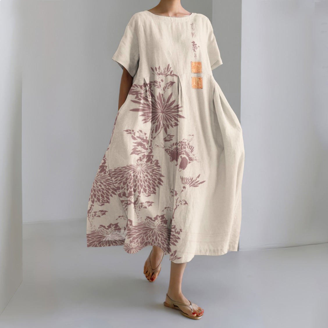 Comstylish Vintage Chrysanthemum Print Round Neck Loose Midi Dress