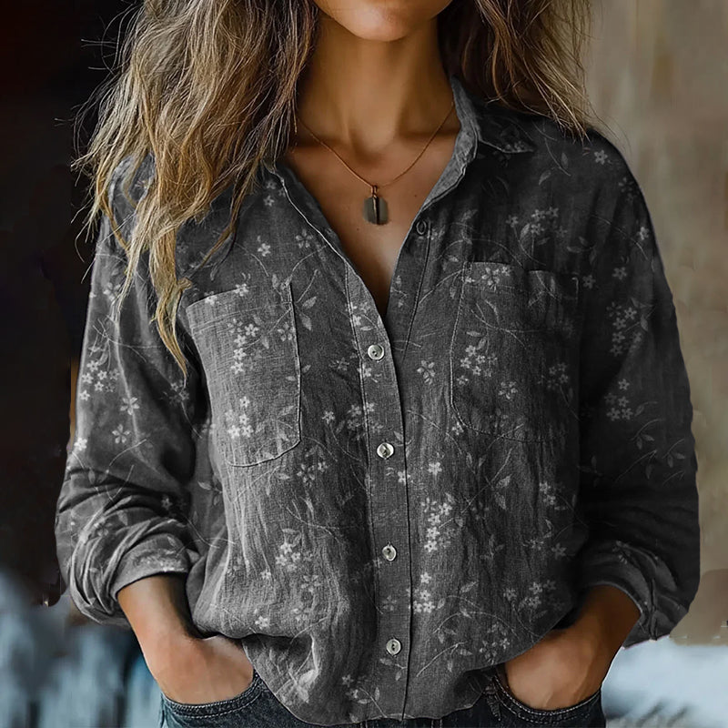 Bohemian Style Floral Linen Print  Long Sleeve Shirt artswardrobe