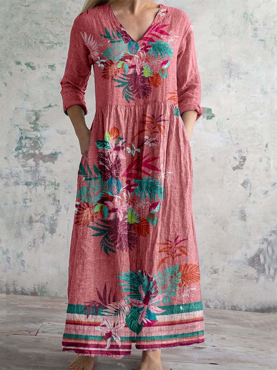 Women's V-neck Elegant Floral Pattern Cotton Dress