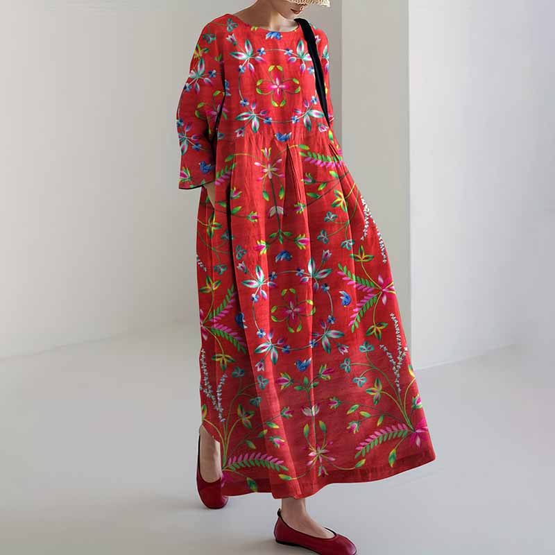Comstylish Flower Art Print Linen Blend Midi Dress