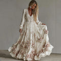 Comstylish Women's Vintage Roses Art Print V-neck Long Sleeve Maxi Dress