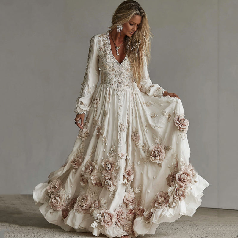 Comstylish Women's Vintage Roses Art Print V-neck Long Sleeve Maxi Dress