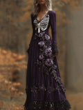 Comstylish Women's Halloween Skeleton Rose Night Purple V-neck Long Sleeved Vintage Dress