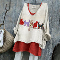 Cats Silhouette Floral & Polka Dots Patchwork Linen Tunic elevenforest