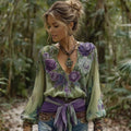 Comstylish Vintage Purple Rose Embroidery Art Linen Long Sleeve Shirt