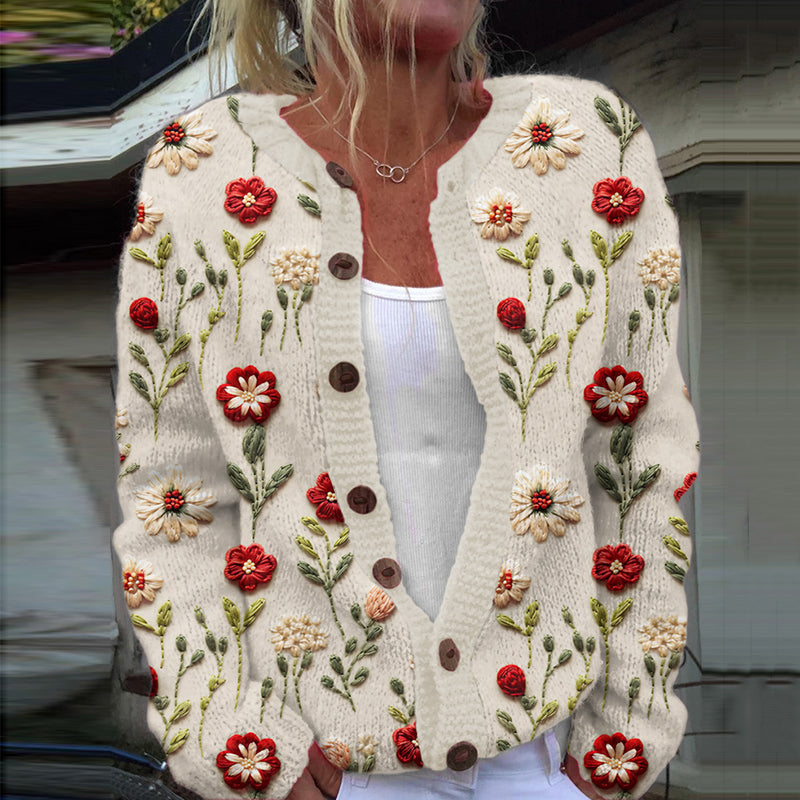 Floral Embroidery Pattern Buttoned Cardigan Sweater artswardrobe