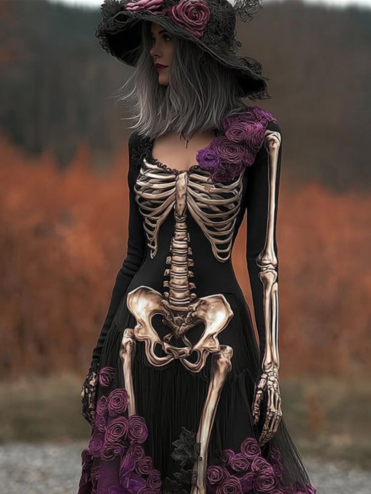 Comstylish Halloween Anatomy Art Black Long Sleeve Long Dress