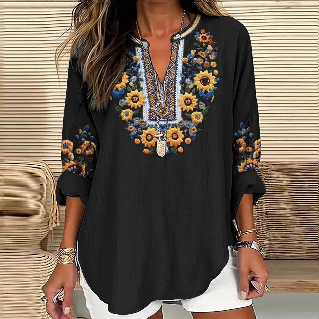 Comstylish Women's Ukraine Sunflower Embroidery Art V-neck Casual Linen Blend Blouse