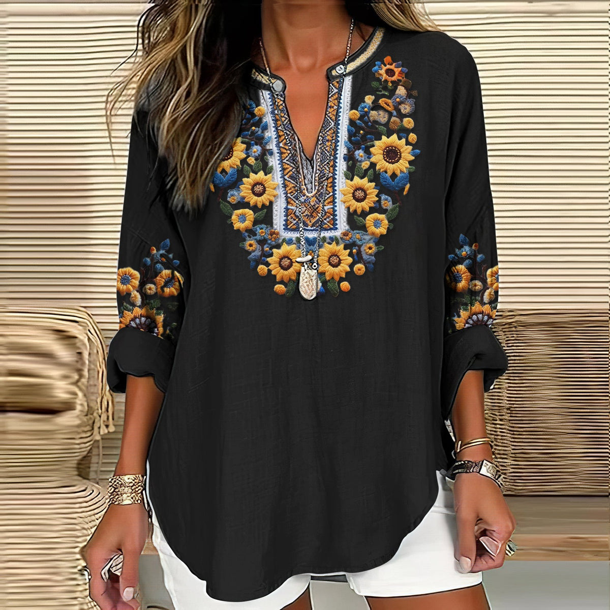 Comstylish Women's Ukraine Sunflower Embroidery Art V-neck Casual Linen Blend Blouse