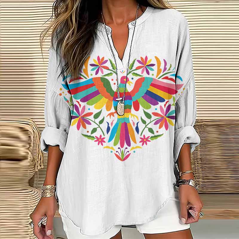 Women's Floral And Bird Art Print Cotton And Linen Long Sleeve Shirt artswardrobe