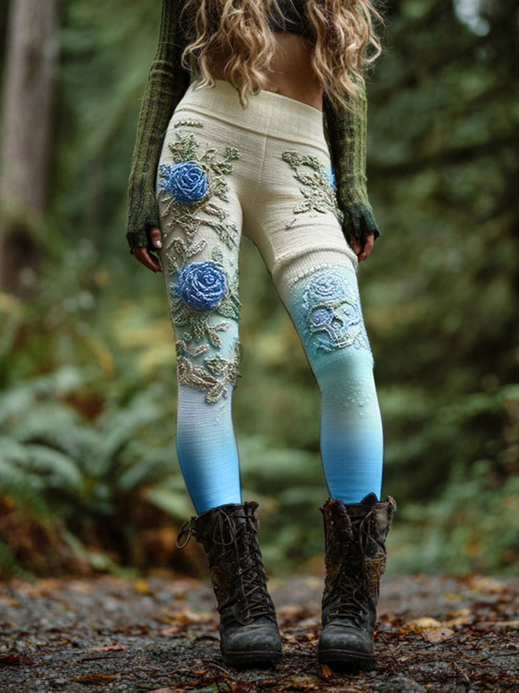 Women's Vintage Skull And Rose Patchwork Comfortable Leggings artswardrobe