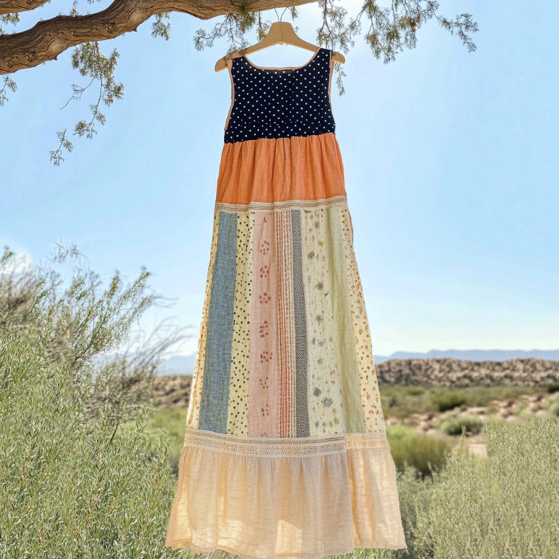 Vintage Polka Dot And Floral Patchwork Art Linen Tank Dress artswardrobe