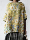 Women's Art Sunflower Floral Cotton and Linen Top