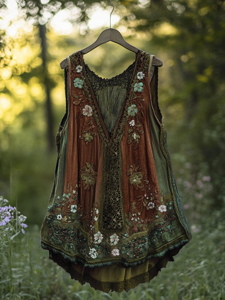 Boho Lavender Lace Art Linen Lace Patchwork Art  Sleeveless Tank Top artswardrobe