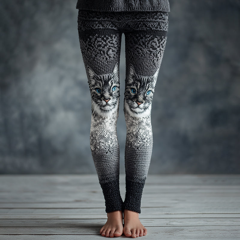 Comstylish Women's Cat Face Embroidered Cozy Knit Leggings