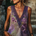 Vintage Glitter Purple Roses Embroidered Linen Tank Top artswardrobe