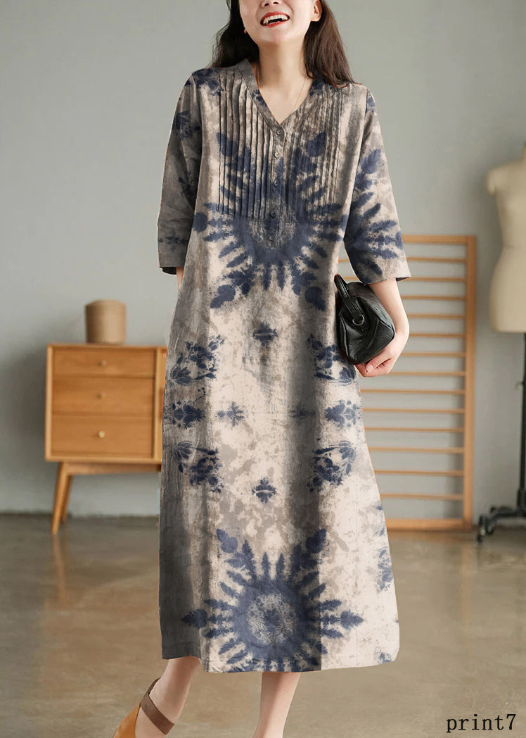 Grey Print7 Loose Linen Long Dresses Button Half Sleeve