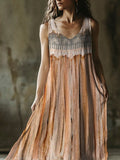 Boho Vintage Lace Fringe Women's Linen Vest Maxi Dress artswardrobe