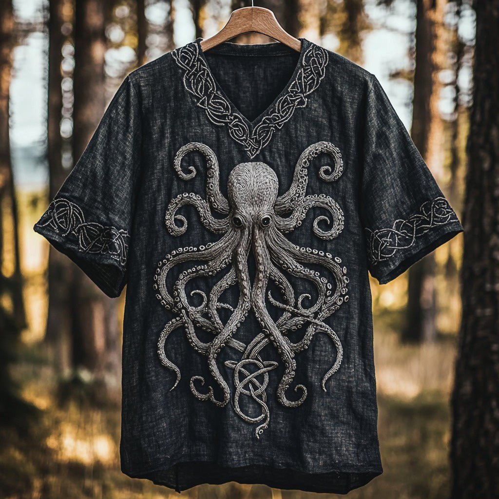 Retro Viking Crusoe Octopus Art Linen V-neck T-shirt artswardrobe